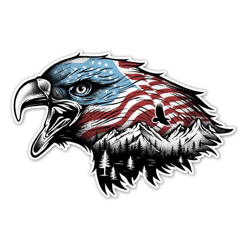 Bald Eagle with American Flag Decal Sticker for Car-Truck Windows Plus Laptops and Tumblers - Patrotic USA Vinyl Sign Art Print with a Forest, Trees, and Mountains, 5in x 3.3in, Small