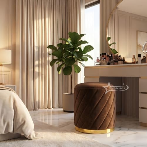 Image of Ottoman Stool, Puffy Stool, Sitting Stool, Modern Upholstered Round Ottoman, Dressing Table for Living-Brown