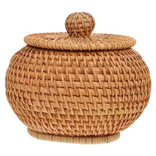 STOBAZA Round Rattan Storage Basket with Lid Hand-Woven Wicker Basket Bin Desktop Sundries Bread Fruit Snacks Basket for Picnic Sundries Table Shelf Organizer