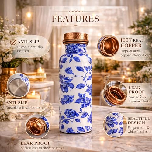 Image of JAIPUR ACE Hammered Pure Copper Water Bottle with Glass Set | 100% Copper Bottle Set | Leak Proof, Ayurvedic Health Benefits, Premium Design Gift Set for Home, Office, Gifting (Royal Blue Floral)