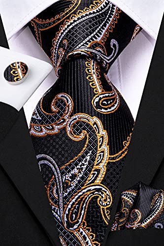 Dubulle Black And Orange Floral Ties Set Black And White Paisley Mens Necktie Handkercheif Cufflinks Wedding Business #TOP4