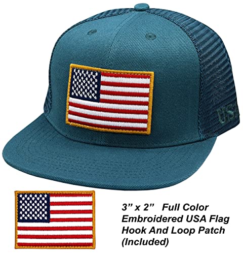 Image of Antourage American Flag Unisex Baseball Hat for Men and Women | USA Flag Mesh Snapback Flat Visor Cap + 2 Patriotic Patches