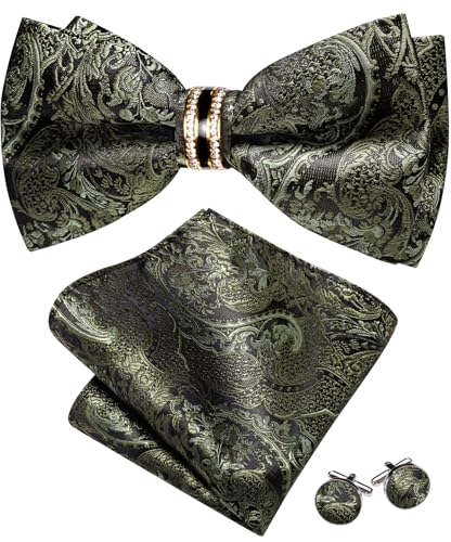 Image of YOHOWA Mens Bow Tie Set Paisley Pre-tied Bowties Adjustable with Handkerchief Cufflinks Gold Ring Set Wedding Prom Party