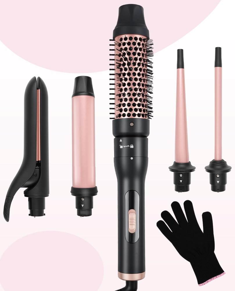 Conjunto de Modeladores de Cachos, 110-240V, Rosa, Escova 5 em 1, Escova Alisadora,