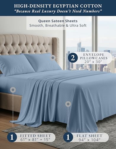 Image of LANE LINEN Queen Bed Sheet Set 100% Egyptian Cotton Sateen - French Blue | Extra Deep Pocket Queen Sheets - 4-Piece Set, Long-Staple Egyptian Cotton, For A Cool, Restful Sleep, Luxe Sheen