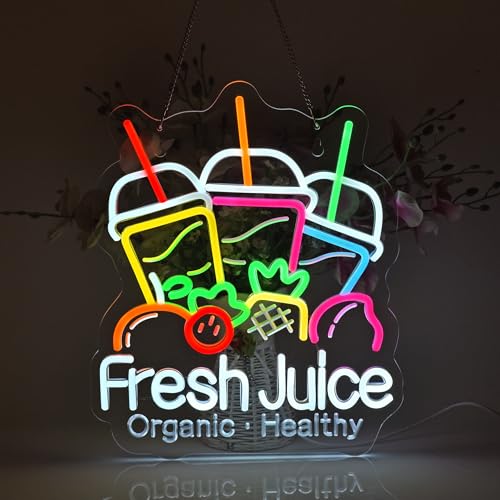 Image of Fresh Juice Neon Sign, Neon Lights Hanging Wall Art Decoration for Juice Bar Shop Food Truck Market Bakeries Cafe Celebration Home Decor, USB Powered Ultra Bright Dimmable, 15.35x12.6inches