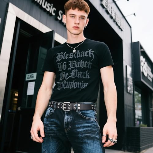 SANSTHS Women Double Grommet Studded Belts, Black Leather Belt for Women Men Punk belt3