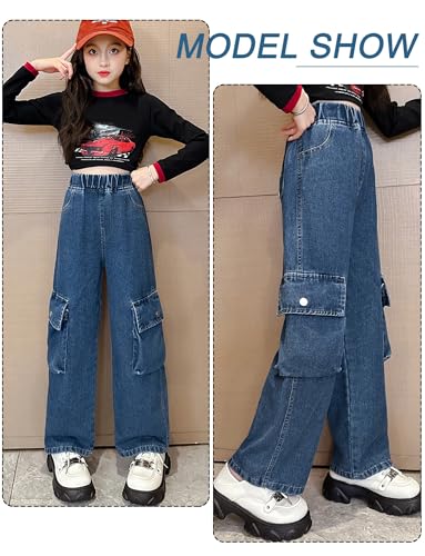 Happy Cherry Girls Casual Denim Pants High Waist Flare Leg Jeans with Pocket Ripped Frayed Split Bottom Jeans 5-14 Years4