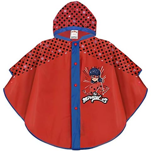 PERLETTI Poncho Impermeable Miraculous Ladybug - Chubasquero de Lluvia Niña Estampado Lady Bug y Lunares - Rojo y Negro con Capucha y Botones - Material EVA Cover