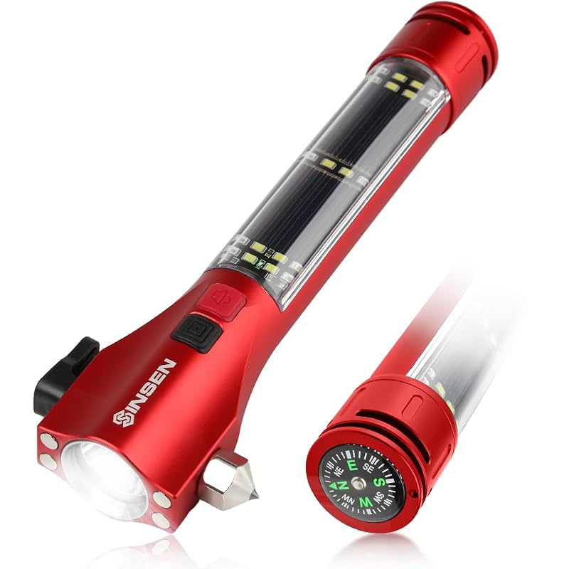 SINSEN Ferramenta de Emergência Automotiva com Quebra-Vidro, Cortador de Cinto, Lanterna LED, Bússola e Ímã Vermelha