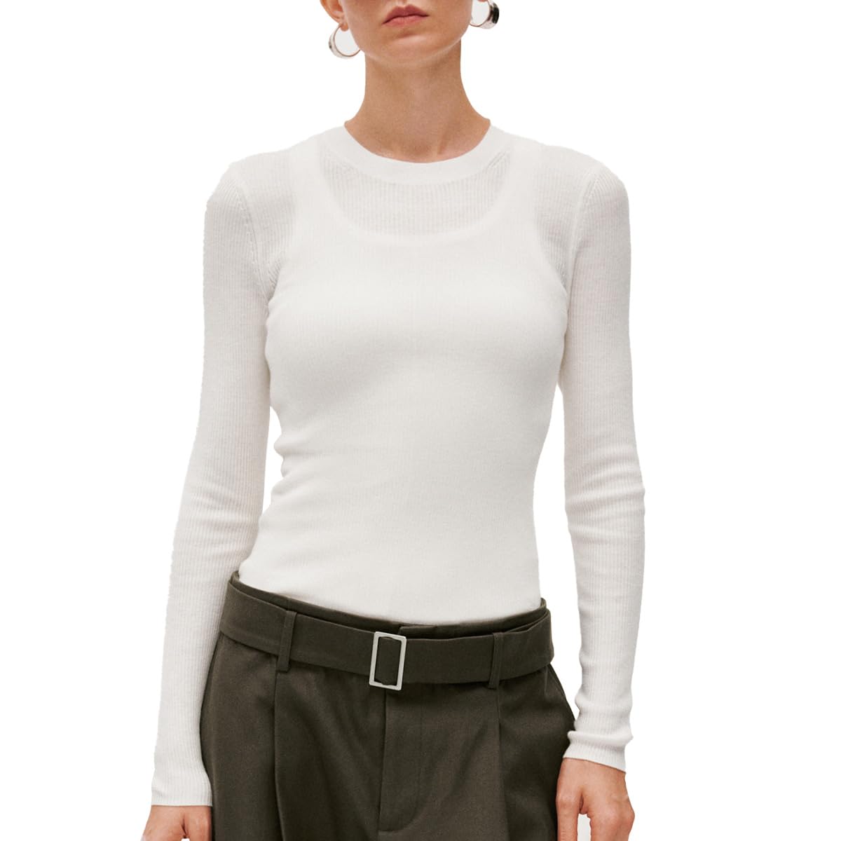 URBAN REVIVO Crewneck Sweater Stretchy Womens Slim Fit Soft