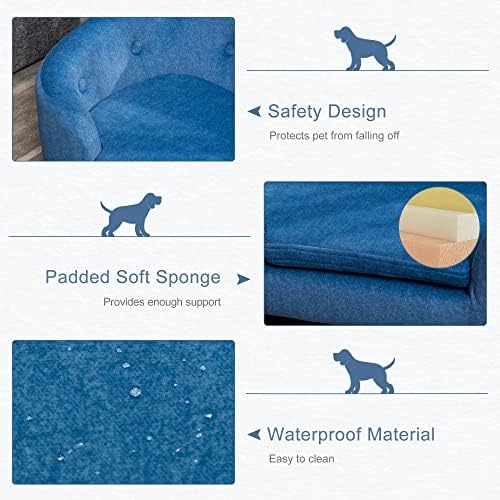 PawHut Dog Sofa Bed Pet Chair Couch with Water Resistant Fabric, Kitten Lounge with Soft Cushion Washable Cover, Wooden Frame for Mini Size Dogs - Blue