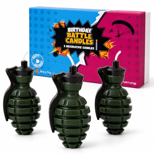 3D Grenade Birthday Candles Set of 3 with Gift Box Gaming Cake Topper for Battle Level Up Army & Video Game Themed Birthday Party Decorations for Boys Teens & Gamers