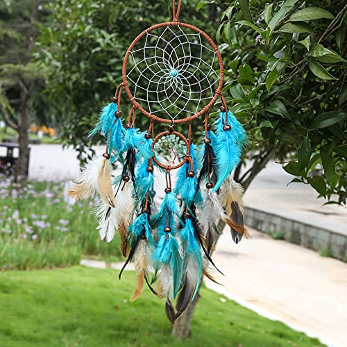 Zueyen Atrapasueños hecho a mano, exquisitas plumas y cuentas para colgar en la pared, decoración del hogar, adorno de arte tradicional, para niños, coches, dormitorio, regalo (verde azulado)