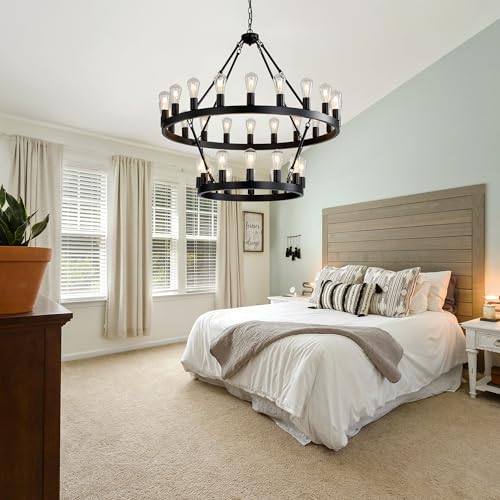 Yikrfiae 2 Tier Black Wagon Wheel Chandelier, 32-Lights 40 Inch Farmhouse Pendant Light Fixture, Round Rustic Hanging Lighting for Dining Room Kitchen Island Foyer Entryway by Yikrfiae - Image 5