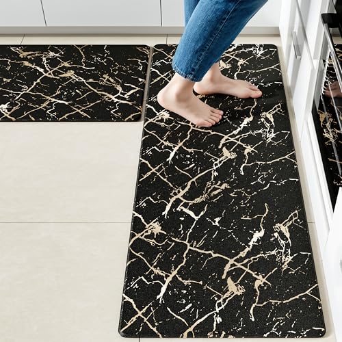 Gold Foil Stamped Marble Kitchen Mats for Floor 2PCS Cushioned Anti Fatigue Non Slip Waterproof Comfort Leather Kitchen Rugs 2/5 Inch PVC Kitchen Mats for Sink, Laundry, 17.3"x28"+17.3"x59",