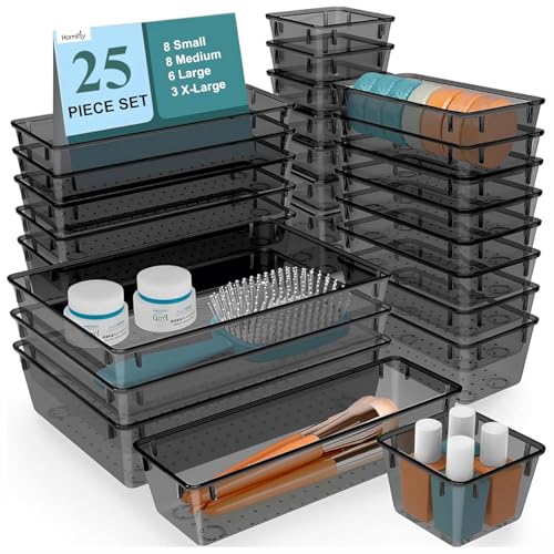 Image of HOMIFLY 25 Pieces Unbreakable Drawers Organisers /Multipurpose Drawer Organizer Tray /Storage Box for Dressing Table /Makeup Organiser Tray /Storage Bins For Bathroom and Kitchen (Black)