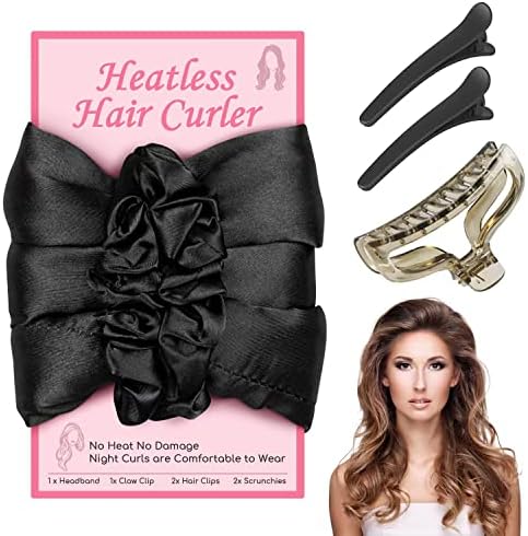 Satin Heatless Hair Curler Set, Heatless Hair Curler Heatless Curling Rod Headband for Sleeping, Overnight Hair Curlers, Curl Ribbon Rod Wave Satin Curling Set DIY with Claw Clip and Scrunchies (Black)