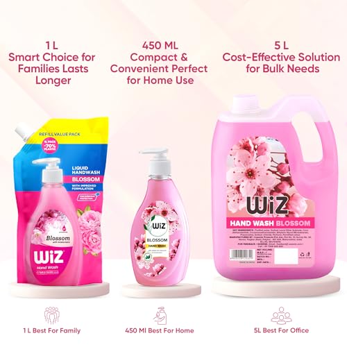 Image of Wiz Blossom Handwash Liquid Soap Dispenser Bottle - 450ml (Pack of 4) | Germ Protection | Hand Wash with Added pH-Balanced & Moisturizers for Soft & Gentle Hands | Suitable for all Skin Types