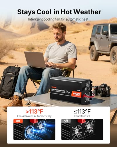 Image of VEVOR 4000W Power Inverter, 12V DC to 120V AC Pure Sine Wave Inverter, Solar Car Charger Converter with LCD Display, Remote Control, 2 USB Ports, 4 AC Outlets, Type-C Port, for RV, Truck Outdoor