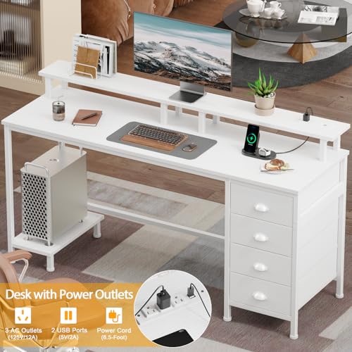 Furologee 55" White Computer Desk with 4 Fabric Drawers & Monitor Stand, Gaming Desk with Power Outlets - LED Lights, Home Office Space-Saving Study Table for Bedroom Small Spaces