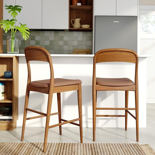 Image of Plank+Beam Loar Upholstered Counter Stool, Solid Rubberwood, Mid-Century Modern Kitchen Bar Chair, Curved Back, Low-VOC Finish, Counter Height Seating, Pecan /Toffee