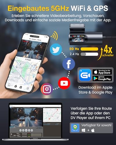 GKU 4K Dashcam Auto Vorne Hinten, 5GHz WiFi GPS, Dual Dash Cam, 1.5” IPS Mini Auto Kamera mit 64GB...