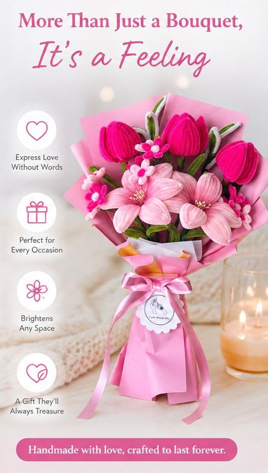 Image of Handmade Pink Pipe Cleaner Flower Bouquet-5 Flower,Forever Bouquet Gift for Birthday, Anniversary, Valentine's Day | Cute Aesthetic Floral Decor