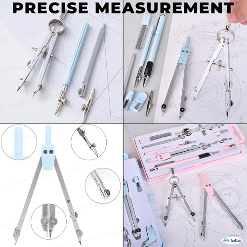 Image of FunBlast Metal Compass Set 9 Pcs - Geometry Box with Protractor, Set Squares, Ruler, Compasses, Ruler Sets, Instrument Box, Math Geometry Kit for Student & Professional (Blue)