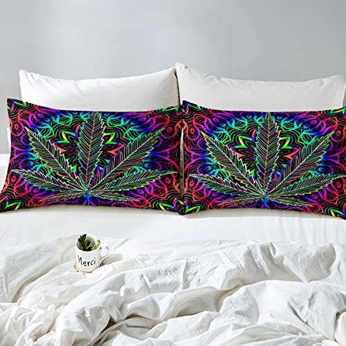 Marijuana Leaves Fitted Sheet Queen Bohemian Blue Purple Mandala Bedding Set Colorful Cannabis Leaves Bed Cover Adult Teens Boys Exotic Rainbow Weed Leaf Fitted Sheet Trippy Leaves Bed Set #TOP2