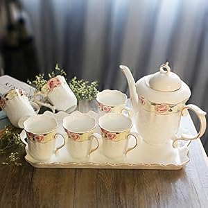 Vintage Floral Porcelain Tea Sets of 6 Tea Cups Tea Cup and Saucer Gift Set for Tea Coffee Afternoon Tea Party (Pink) (Blue b) (Yellow b)