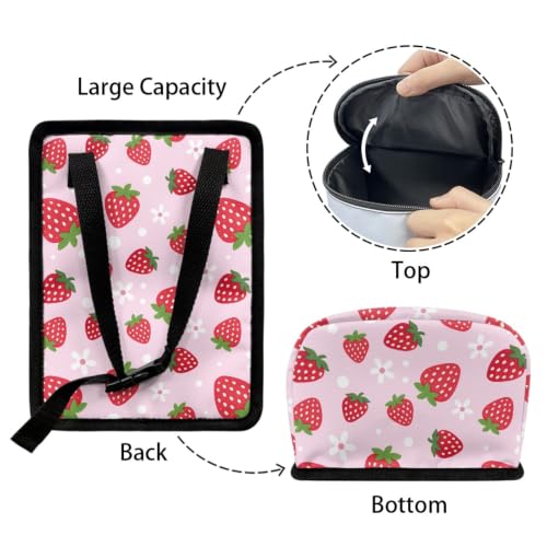 Image of Pink Strawberry Car Trash Can with Lid - Collapsible Waterproof Garage Bag, Reusable Hanging Cute Automotive Garbage Bin, Adjustable Strap, Interior Organizer
