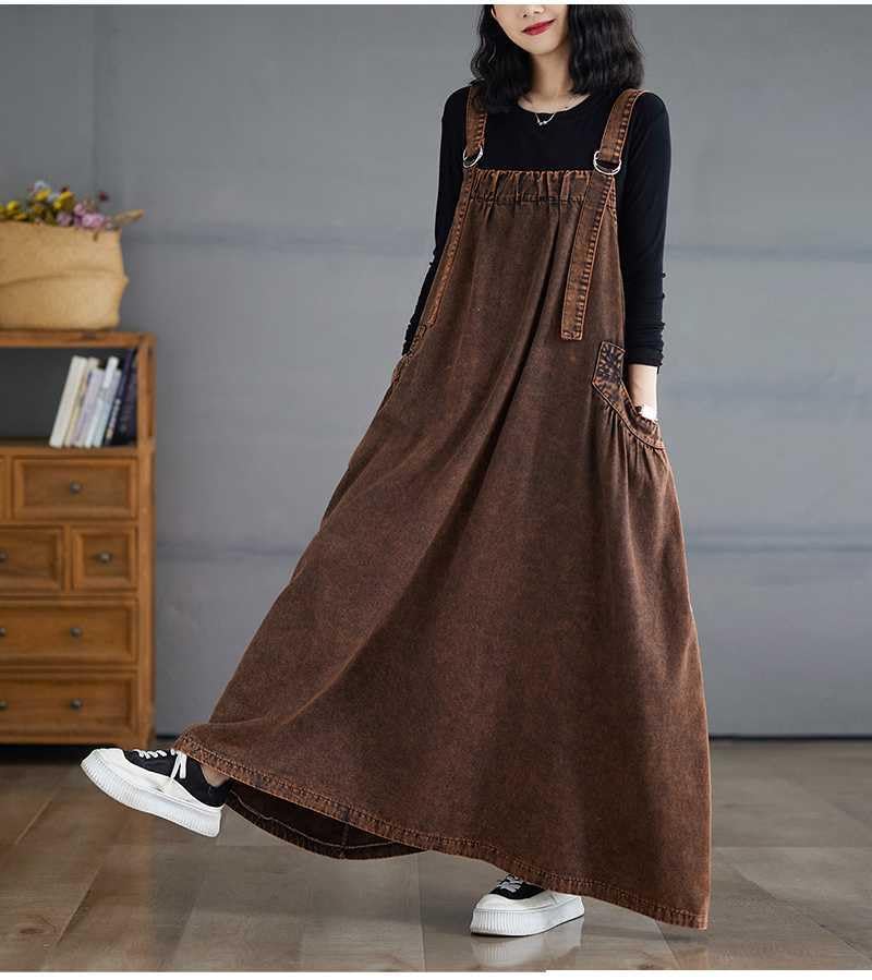 Image of Boho Jumper Dress for Women Loose Overall Pinafore Dresses Adjustable Straps Wide Hemline with Pockets Baggy Style