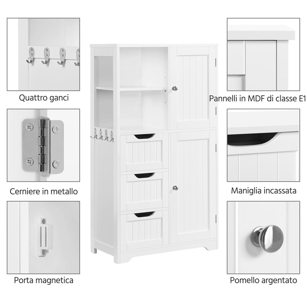 Yaheetech Mobile da Bagno Bianco Mobiletto da Terra con 3 Cassetti e Armadietto Mobile con Ganci Portaoggetti Armadietto Moderno 60 x 30 x 107 cm