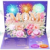 Pop Up Mom Birthday Card with Lights & Music, 3D Happy Birthday Card for Mom, Flowers Fireworks Greeting Card with Envelope Sticker Message Card, Purple Birthday Gift for Women, Musical Birthday Cards