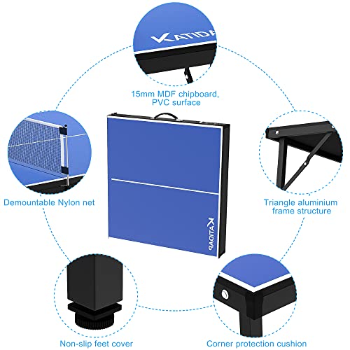 Katidap Portable Ping Pong Table,Mid-Size Foldable Tennis Table With Net For Indoor Outdoor,Blue,60X26X27.5 Inch #TOP4