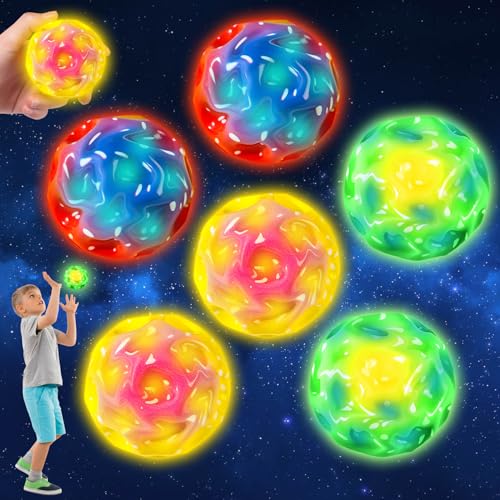 Joycabin 6 Stück Leuchtend LED Beleuchtung Hüpfball, Sprünge Gummiball, Galaxy Ball, Flummies, Space Ball, Knallendes Geräusch Machen