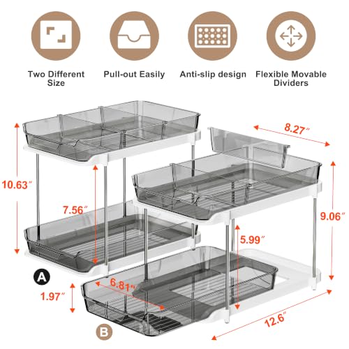 Image of Delamu 2-Tier Multi-Purpose Bathroom Under Sink Organizers and Storage, Stackable Kitchen Pantry Organization, Pull Out Medicine Cabinet Organizer with Movable Dividers, Black, 2 Pack