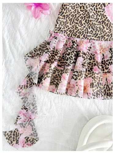 Girl's Floral Leopard Halter Mini Dress Y2k Draped Layered Ruffle Tie Backless Short Dresses3