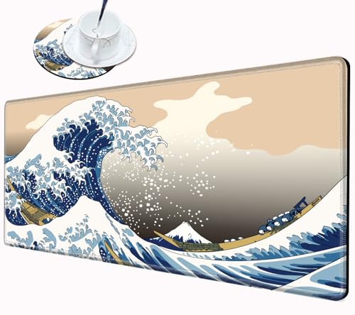 Image of Gaming Mouse Pad Large Mousepad Japanese Sea Wave Desk Mat XXL Big Desk Pad 31.5x15.75 Rubber Base Computer Pad with Stitched Edges Mouse Mat for Work Game Home Office