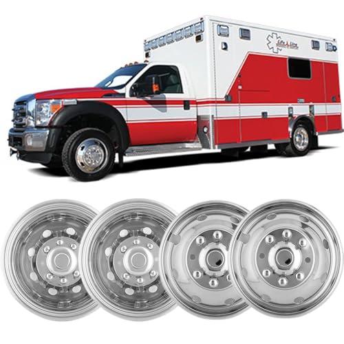 Image of 4pc 16 inch Polished Stainless Steel Dually Wheel Simulators, Nice Looking Bolt On 8 Lug Hubcaps 8 Hand Hole Compatible with Ford F350 1974-1998;E350 /E450 1992-2021;Dodge Ram 3500 1974-1999 608F