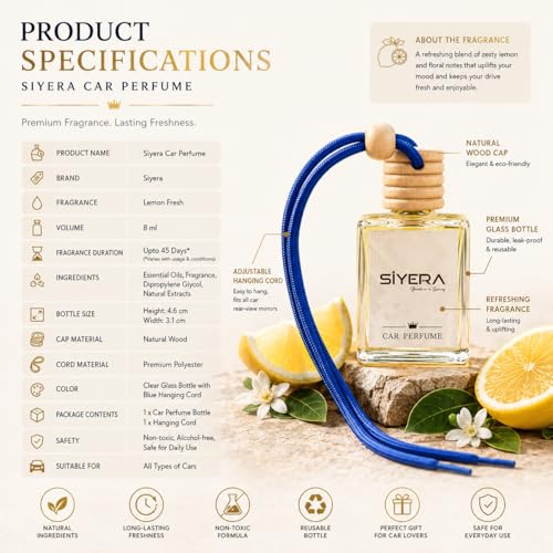 Image of SiYERA Hanging Car Perfume with Essential Oils | Car Air Freshener 10ml | Long-Lasting Aroma in Glass Bottle with Wooden Diffuser Lid (Lemon)