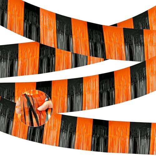 Image of 4 Packs Total 39 Feet Halloween Parade Floats for Trailer Car, Black Orange Foil Fringe Garland Tinsel Streamers Banner Table Skirts for Halloween Dia De Los Muertos Homecoming Birthday Party