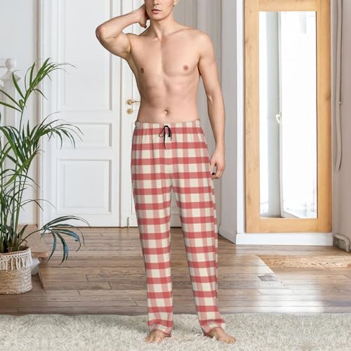 Mens Pajama Pants - Retro Pink Gingham Print Soft Sleep Lounge Pants For Men, Casual Pj Bottoms With Pockets2
