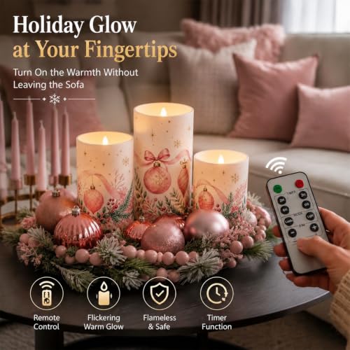 Image of Tujoe 3 Pcs Christmas Pink Ballet Flameless Candles LED Pillar Candle