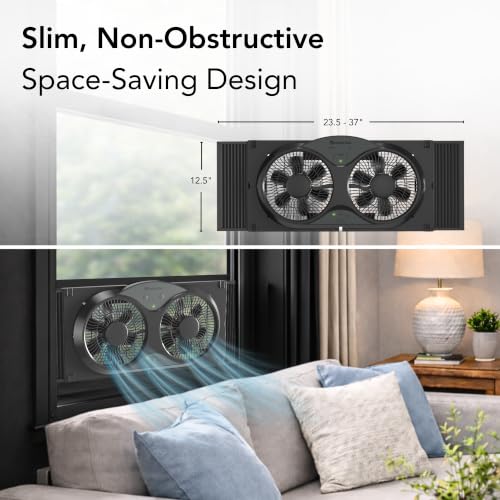 Image of Comfort Zone Window Fan for Bedroom, 23-Speed Dual Fans with Self-Locking Expanders, 3 Modes (Cool, Circular, Exhaust), Remote Control, Fabric Cover and