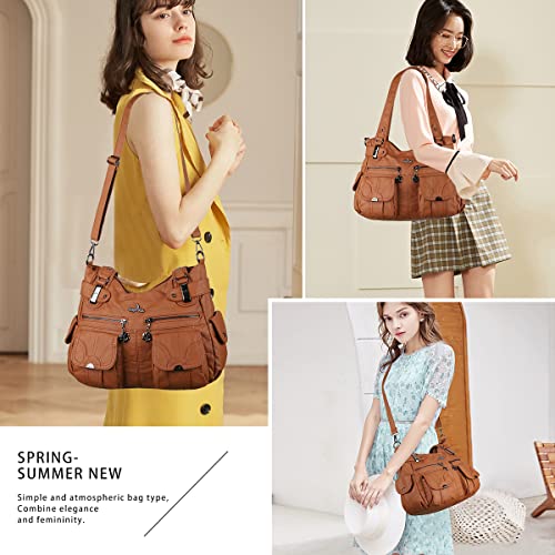 Angelkiss Women's Designer Handbag Large Double Zipper Multi Pocket Washed Leather Purse4