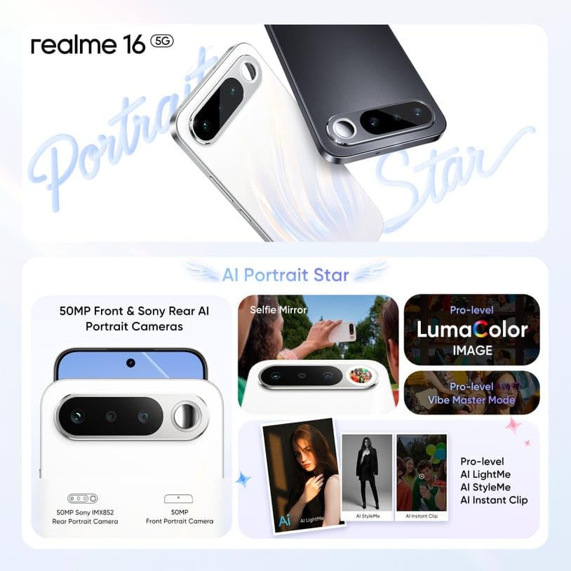 Image of realme 16 5G Smartphone, 8GB RAM, 128GB Storage, 6.57 inch Full HD+ AMOLED Display, 7000mAh Battery, 50MP + 2MP Rear Camera, 50MP Front Camera, Dimensity 6400 Turbo, Android 16, Air Black