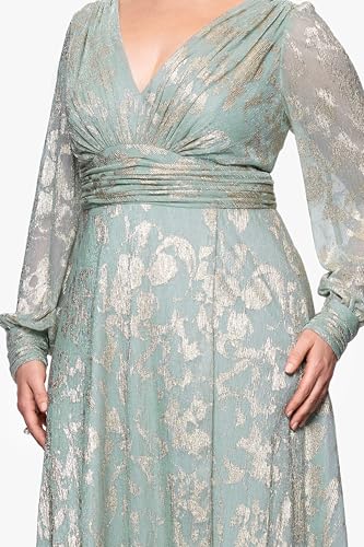 Image of Betsy & Adam Women's Floor-Length, Long-Sleeve, Metallic Floral Pattern, with Ruched Waist and Flowy Silhouette, Sage /Gold, 22W