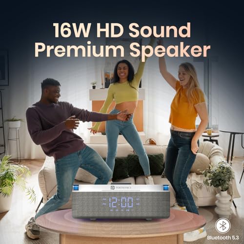Image of Portronics String 16W HD Sound Bluetooth Speaker with 15W Wireless Charging, RGB LED Lights, Digital Clock with Alarm Setting, Built-in White Noise, USB /SD Card /AUX in, Type C Charging(White)